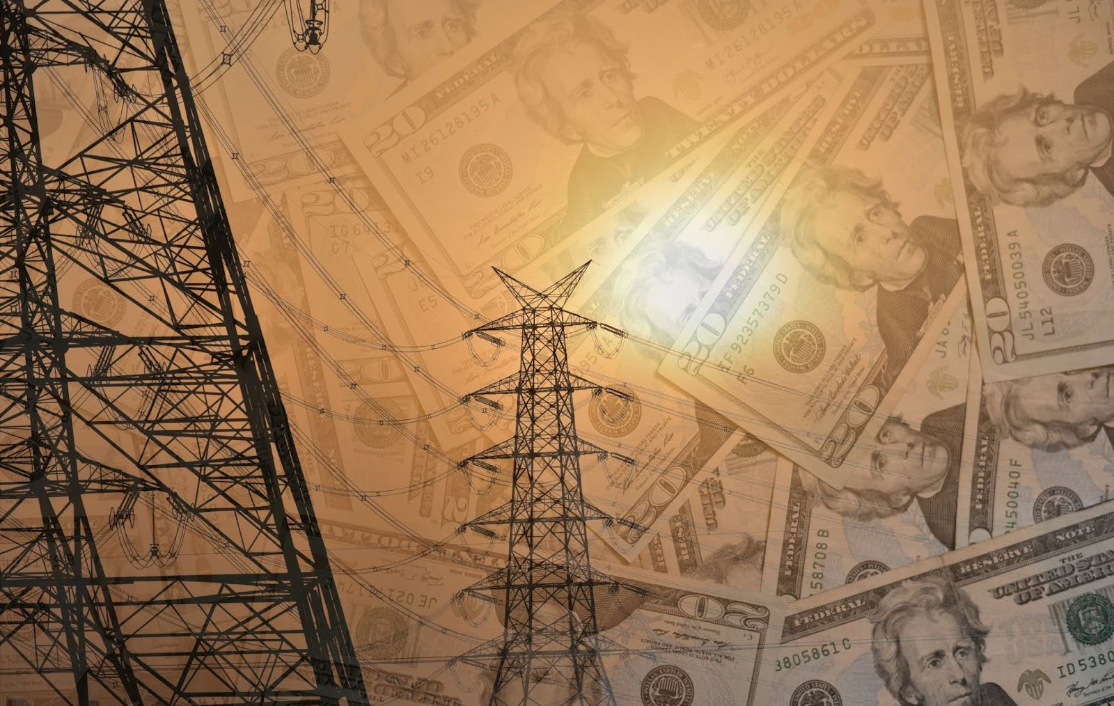 A semi-transparent overlay of U.S. dollar bills is shown over electrical transmission towers and power lines. This image visually represents the high cost of energy and electricity, illustrating the financial benefits of saving energy.